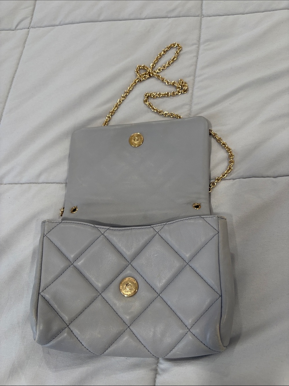 Gray Quilted Leather Crossbody Bag with Gold Chain
